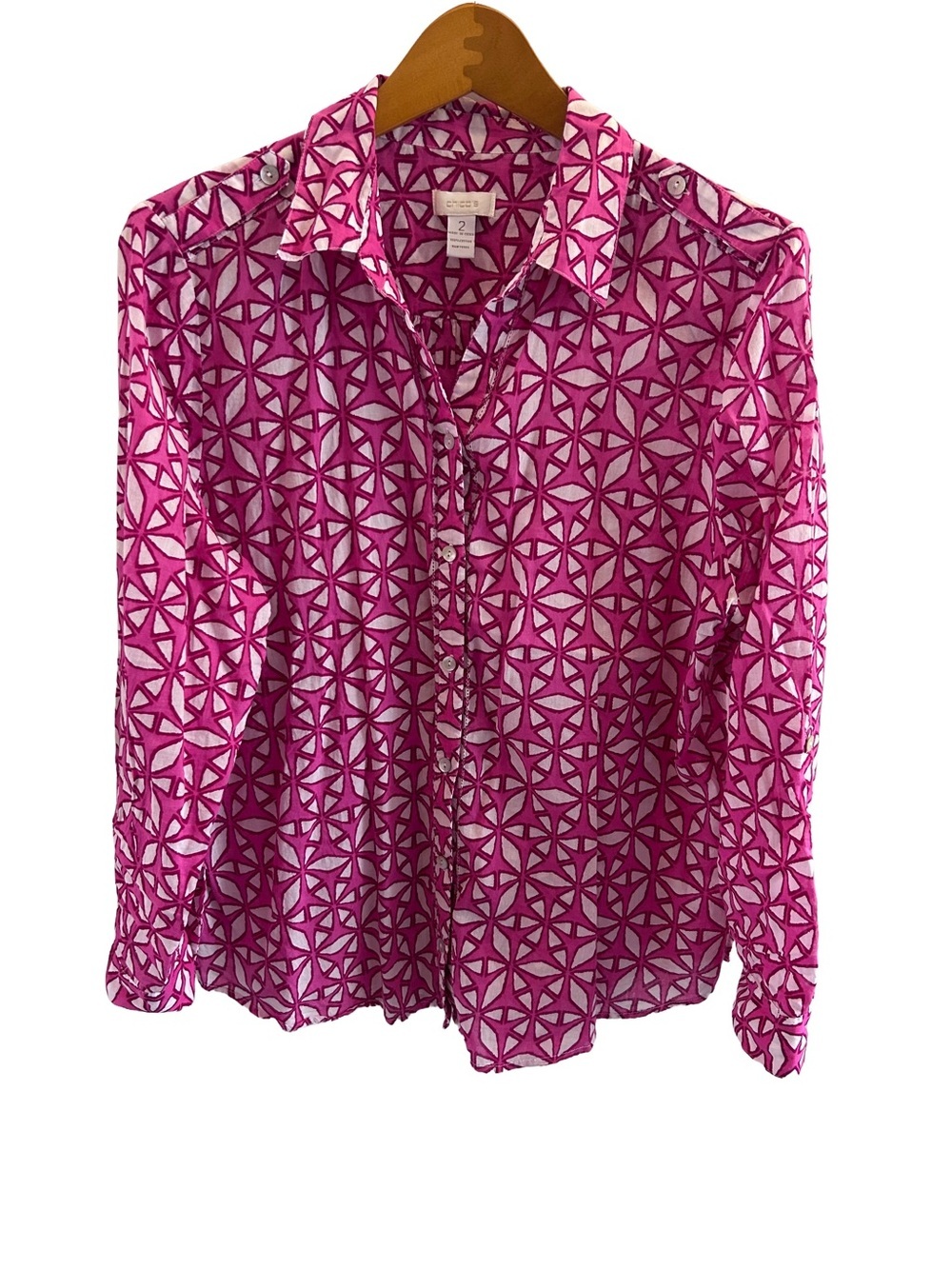 Chico's 100% Cotton Pink Geometric Button-Down Shirt